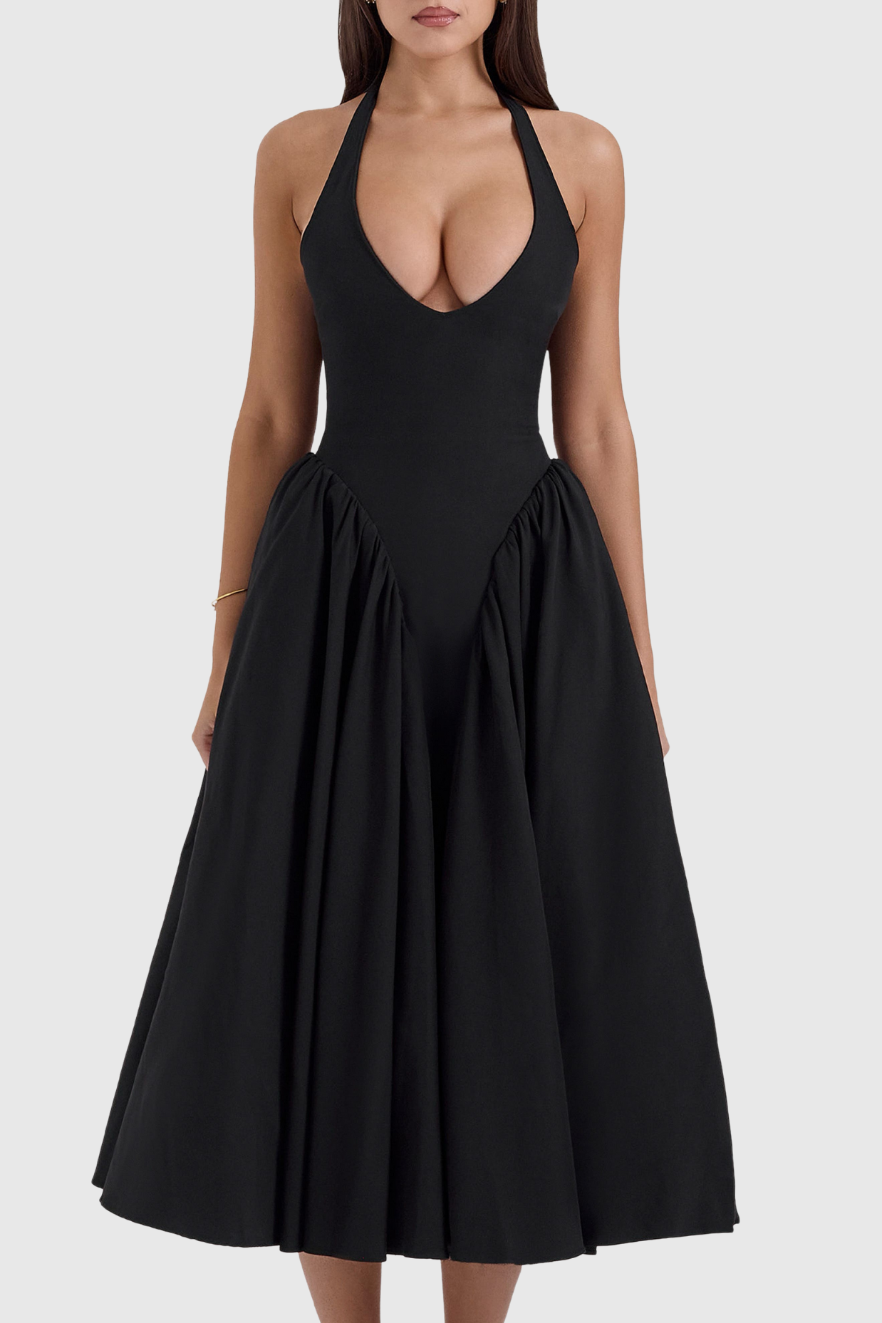 Ebrill Halter V-neck Ruched Midi Dress - Black