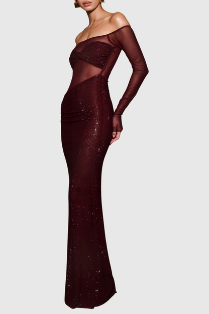 Natane Off Shoulder Crystal Embeliished Maxi Dress - Wine