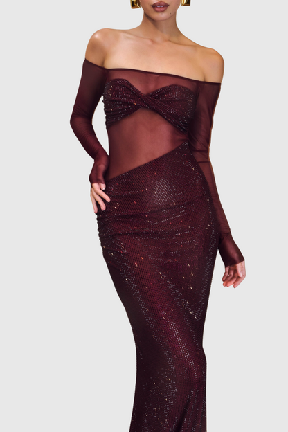 Natane Off Shoulder Crystal Embeliished Maxi Dress - Wine