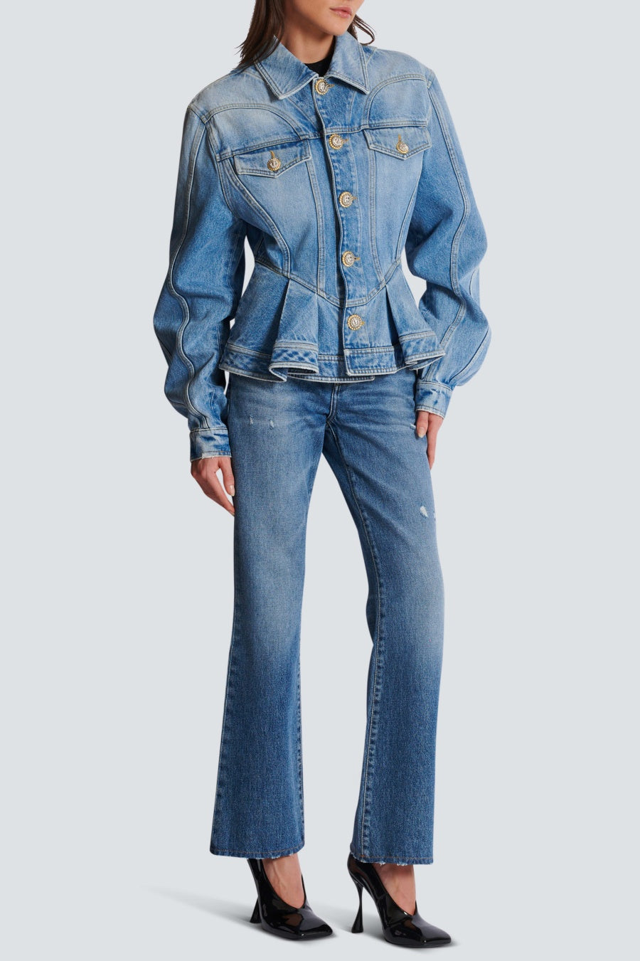 Ogana Gold Buttoned Pleated Denim Jacket