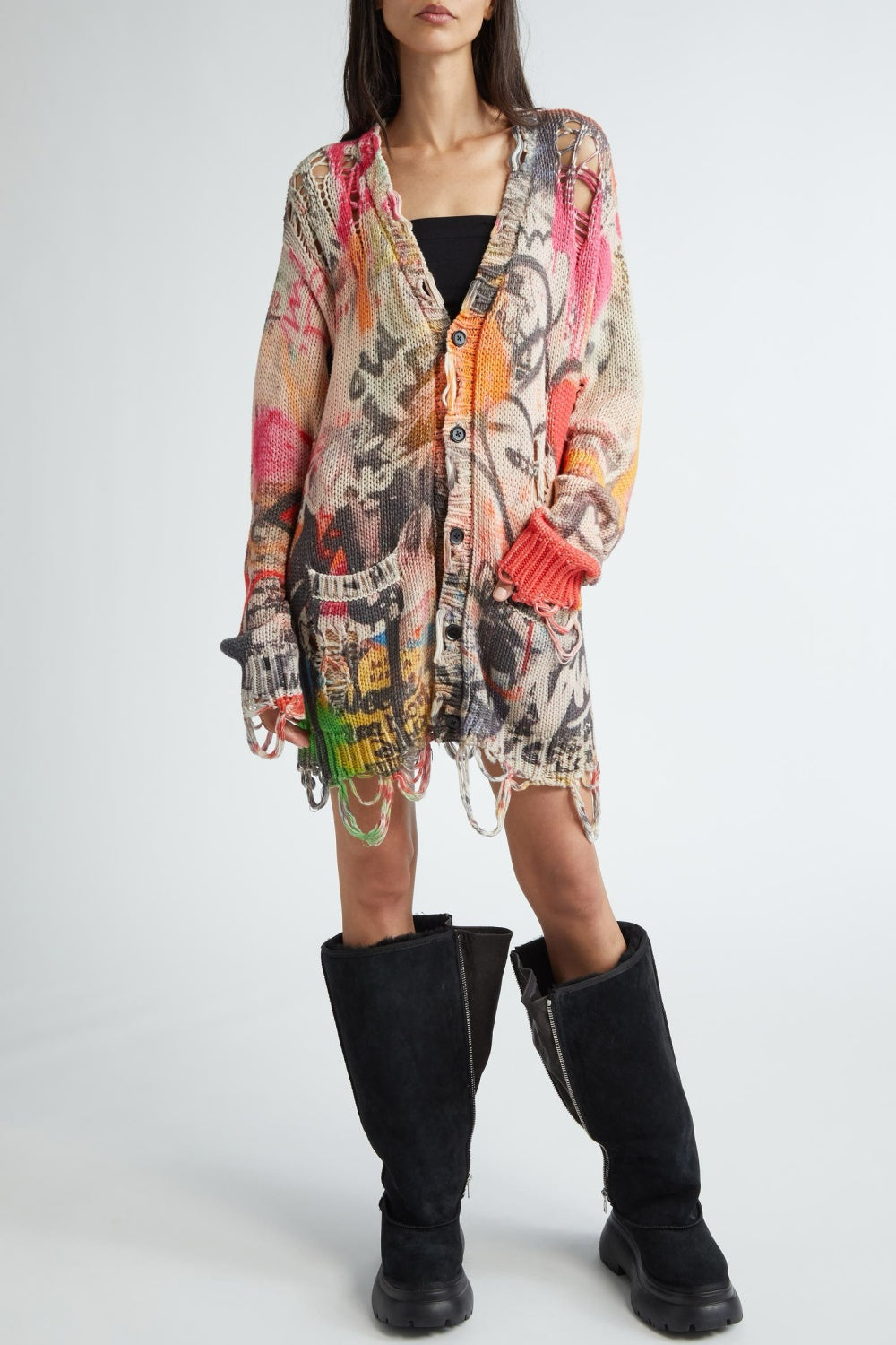 Onida Graffiti Printed Distressed Cardigan