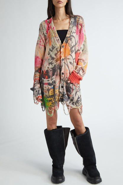Onida Graffiti Printed Distressed Cardigan