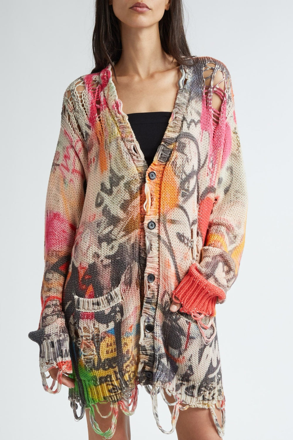 Onida Graffiti Printed Distressed Cardigan