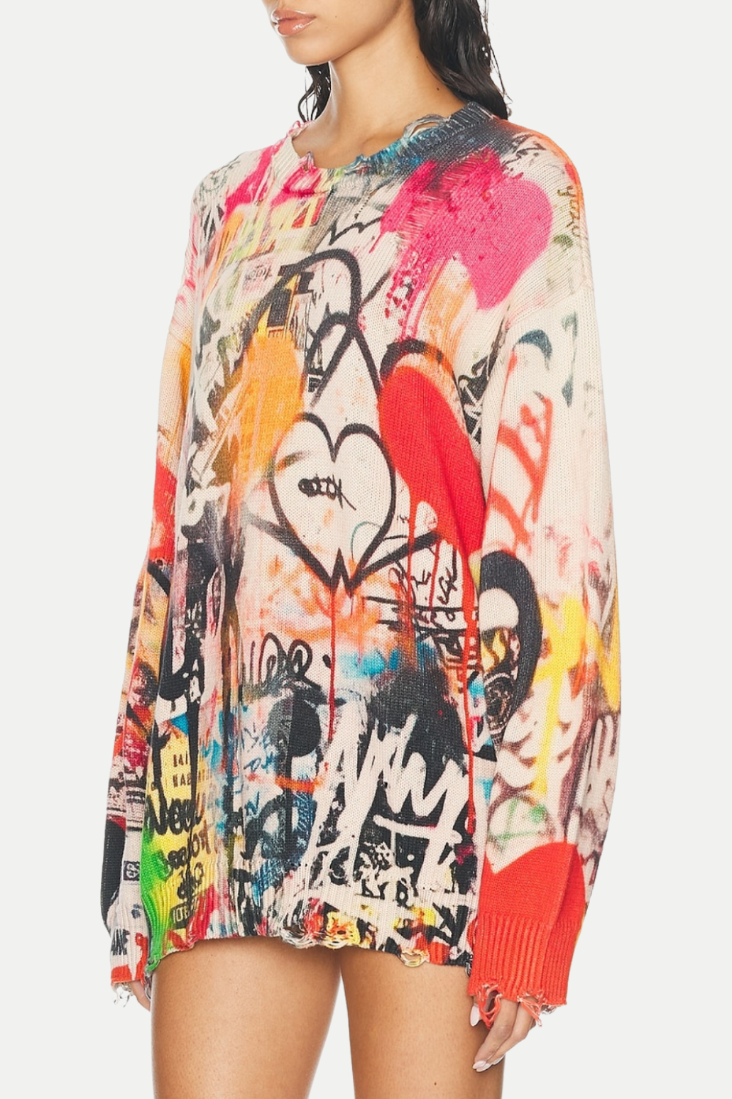 Onida Graffiti Printed Distressed Sweater