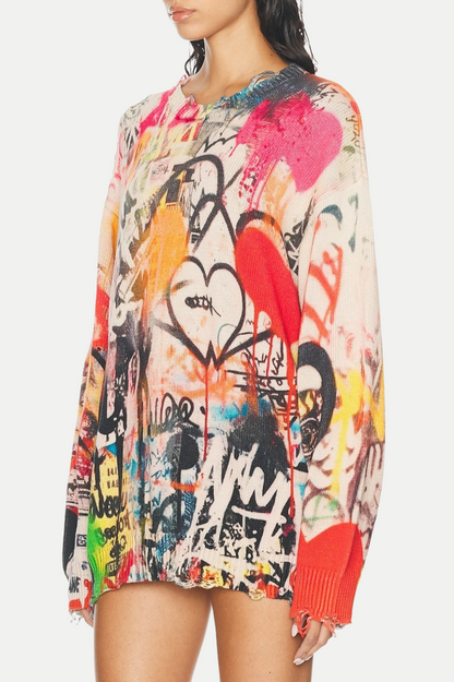 Onida Graffiti Printed Distressed Sweater