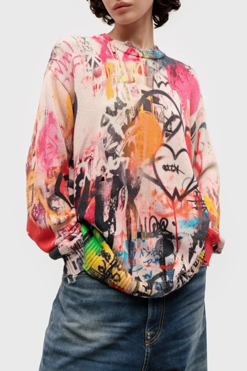 Onida Graffiti Printed Distressed Sweater