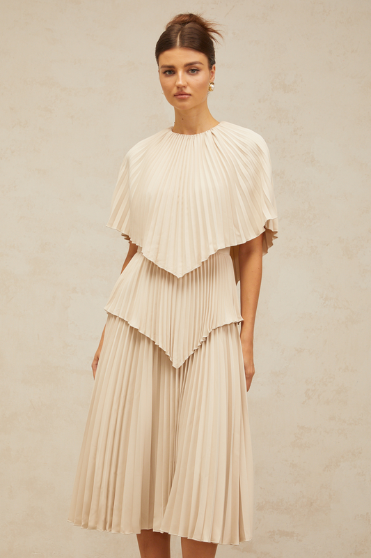 Héloïse neutrals cape pleated midi dress