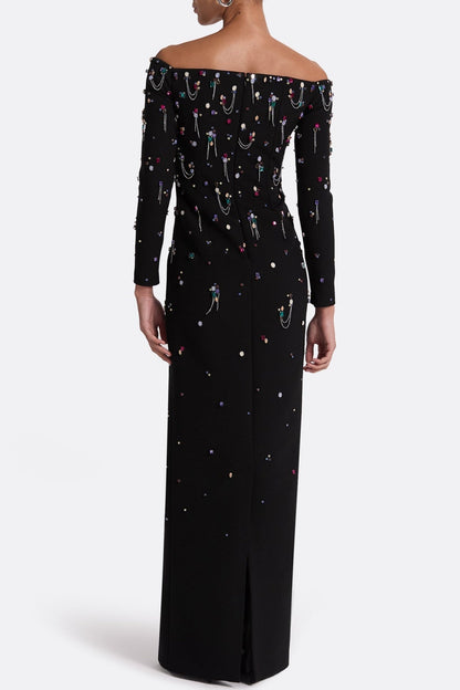 Pamaria Diamante Embroidery Off Shoulder Maxi Dress