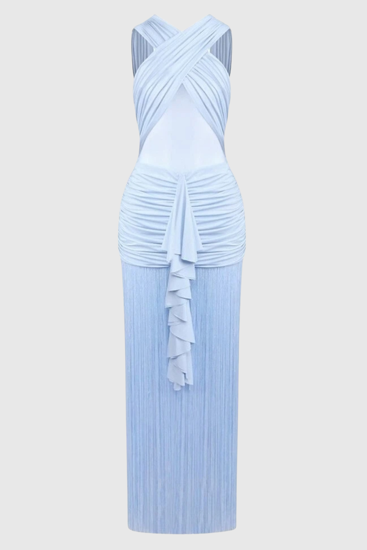 Pamelia Fringe Mesh Ruched Maxi Dress