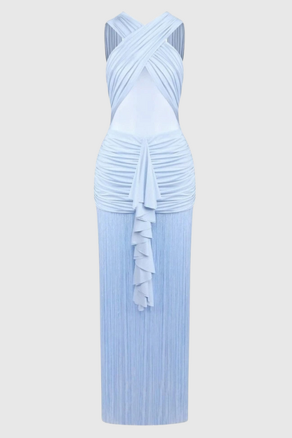 Pamelia Fringe Mesh Ruched Maxi Dress