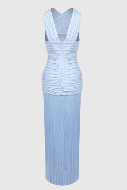 Pamelia Fringe Mesh Ruched Maxi Dress