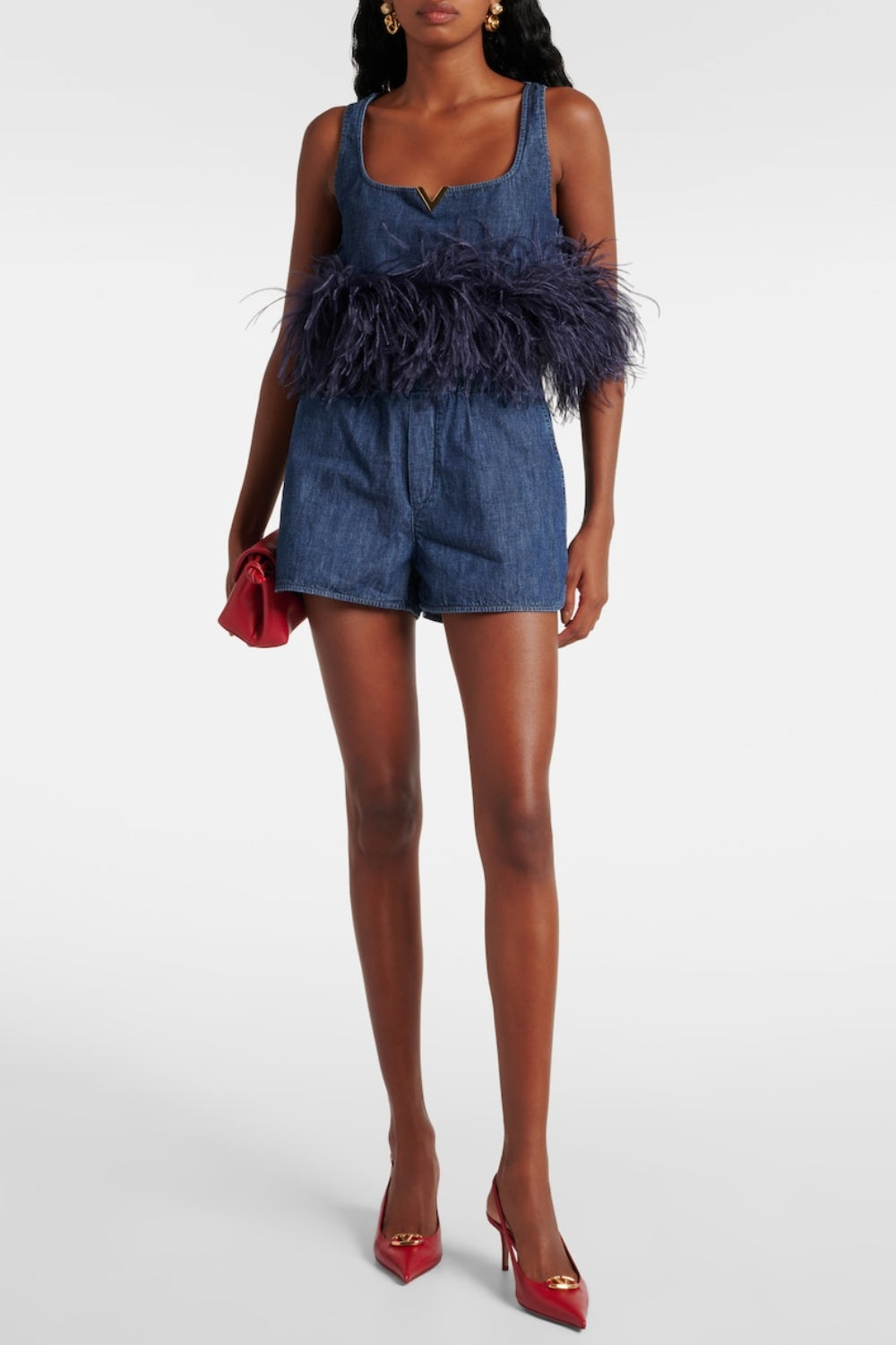 Poppa Feather Trim Denim Top