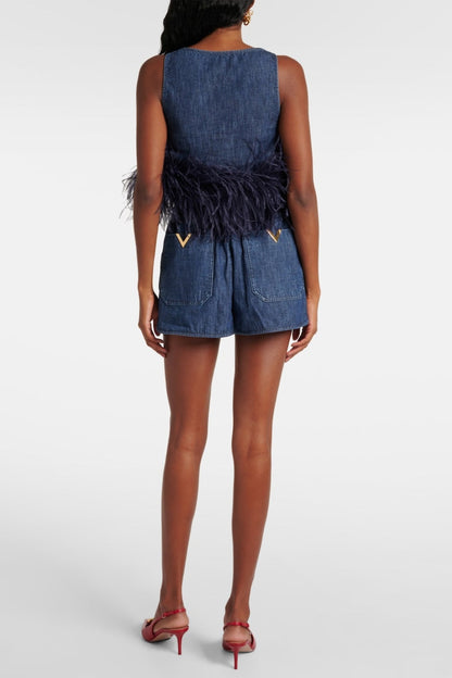 Poppa Feather Trim Denim Top