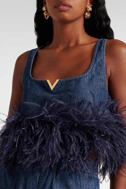 Poppa Feather Trim Denim Top