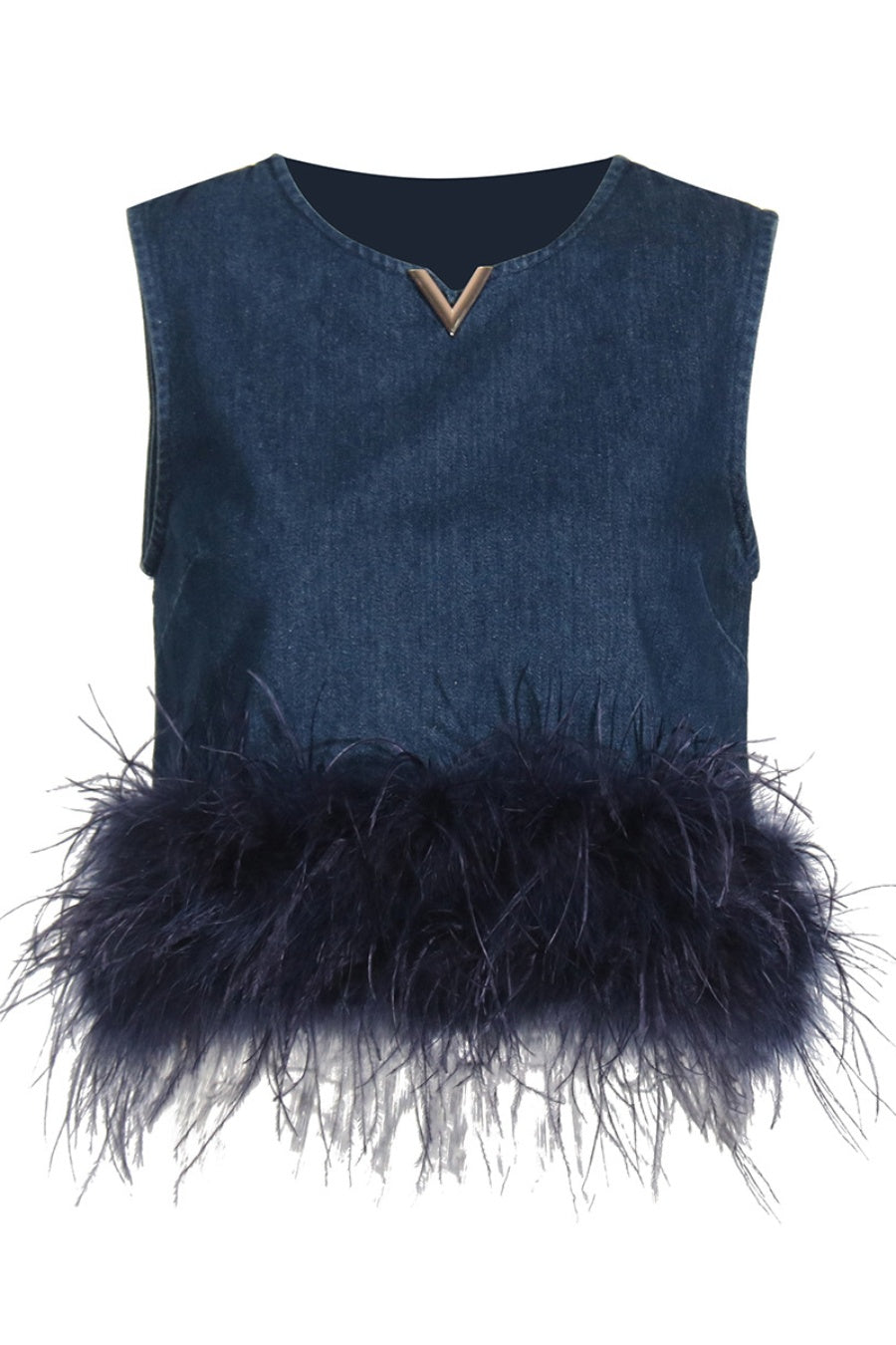 Poppa Feather Trim Denim Top