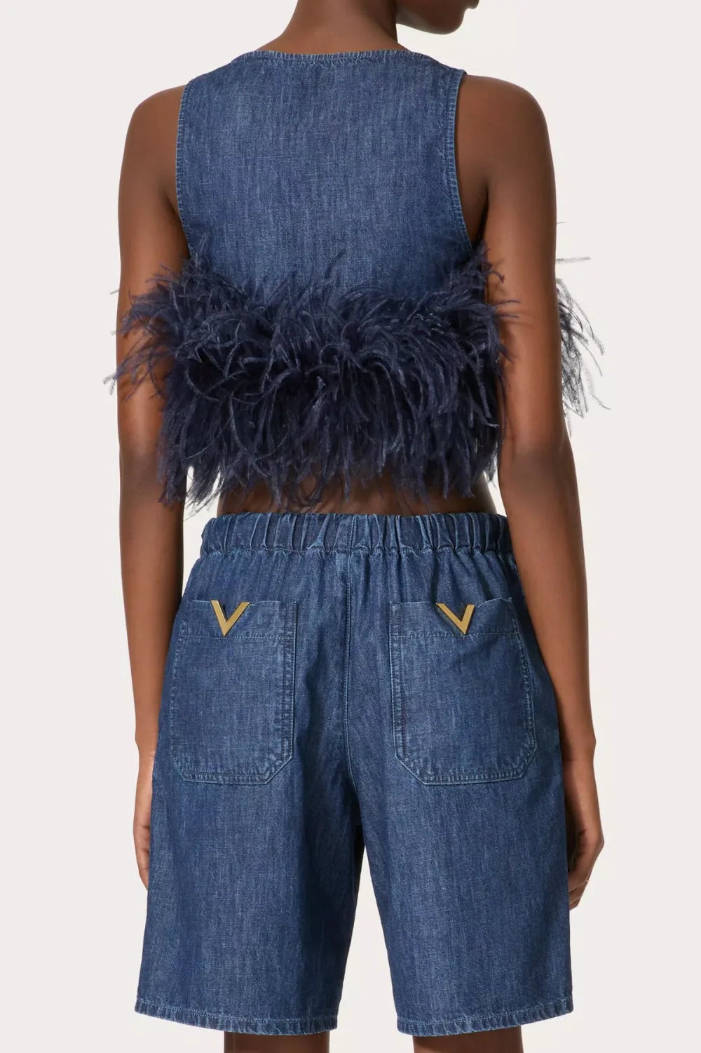 Poppa Feather Trim Denim Top