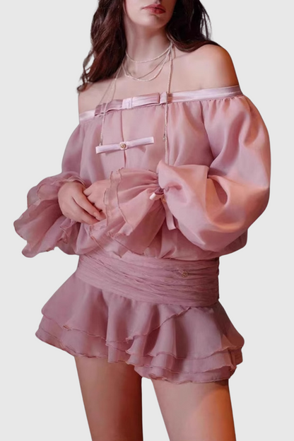 Raylene Off Shoulder Bow Ruffle Mini Dress - Pink