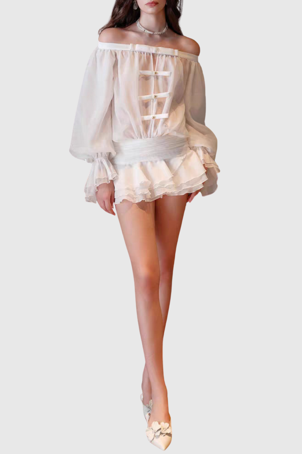 Raylene Off Shoulder Bow Ruffle Mini Dress - White
