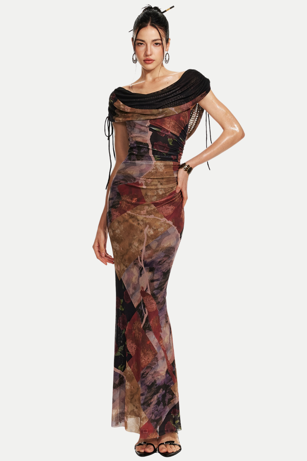 Rosala Print Mesh Off Shoulder Maxi Dress