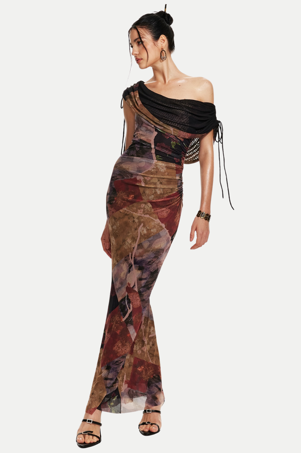 Rosala Print Mesh Off Shoulder Maxi Dress