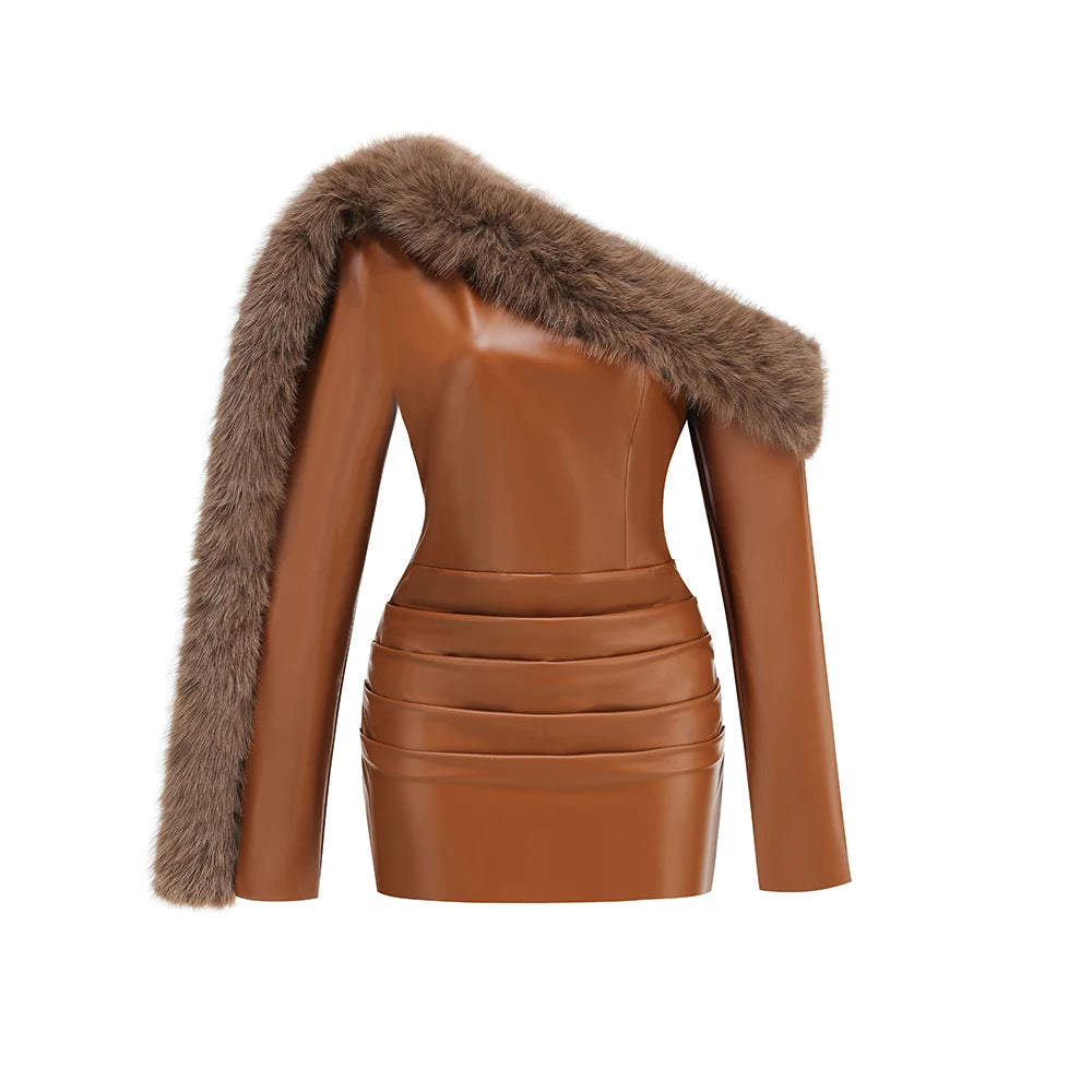 Maison Celie Luxe Faux-Leather Fur-Trim Mini Dress