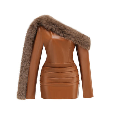 Maison Celie Luxe Faux-Leather Fur-Trim Mini Dress