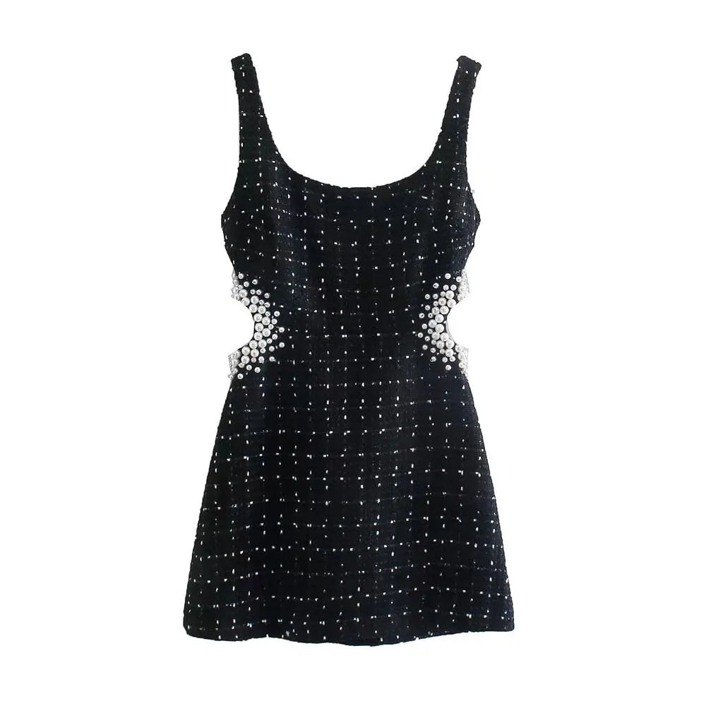 Pearl-Embellished Textured Mini Camisole Dress