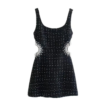 Pearl-Embellished Textured Mini Camisole Dress