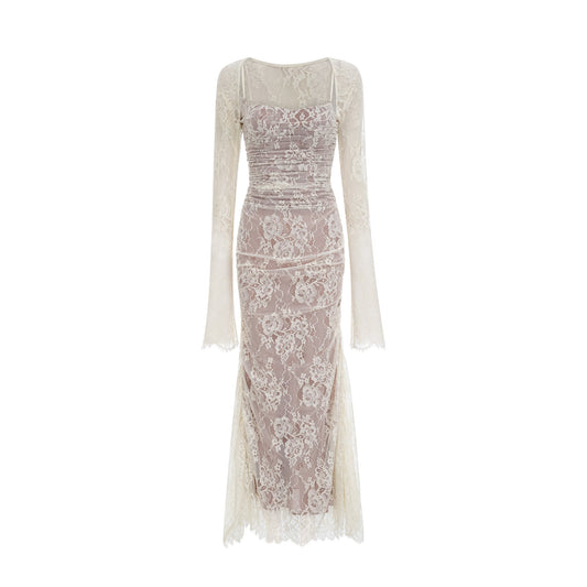 Valérie white floral lace mesh maxi dress
