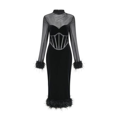 Jeanne feather-trim velvet midi dress (US Only)