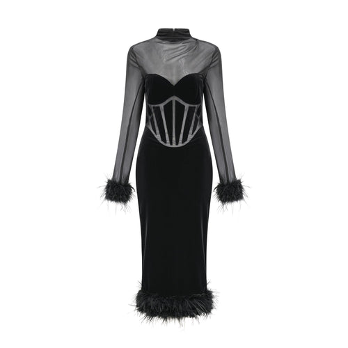Jeanne feather-trim velvet midi dress (US Only)