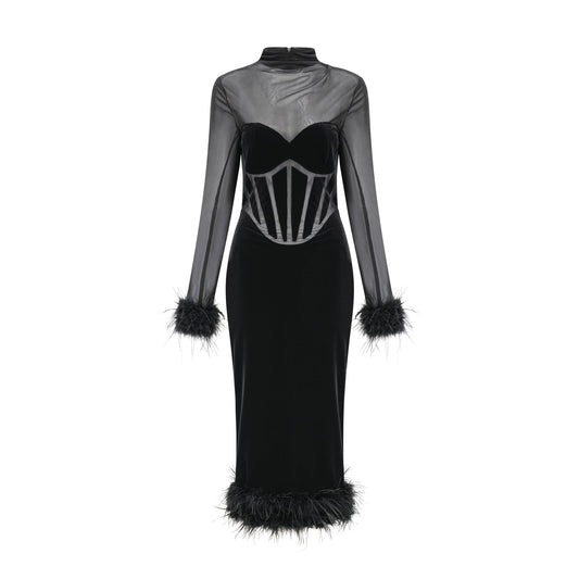 Jeanne feather-trim velvet midi dress (US Only)