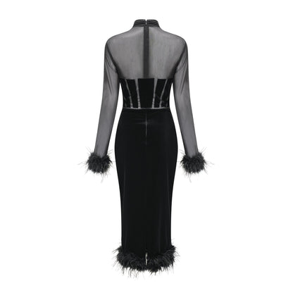 Jeanne feather-trim velvet midi dress (US Only)