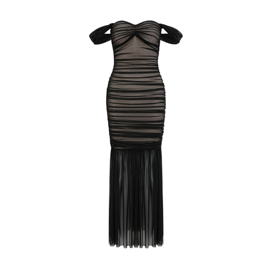 Safiya black fishtail draped maxi dress