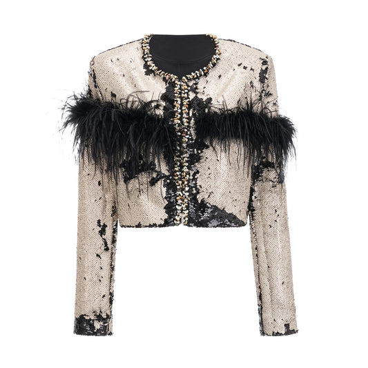 Magali feather-embellished sequin short jacket
