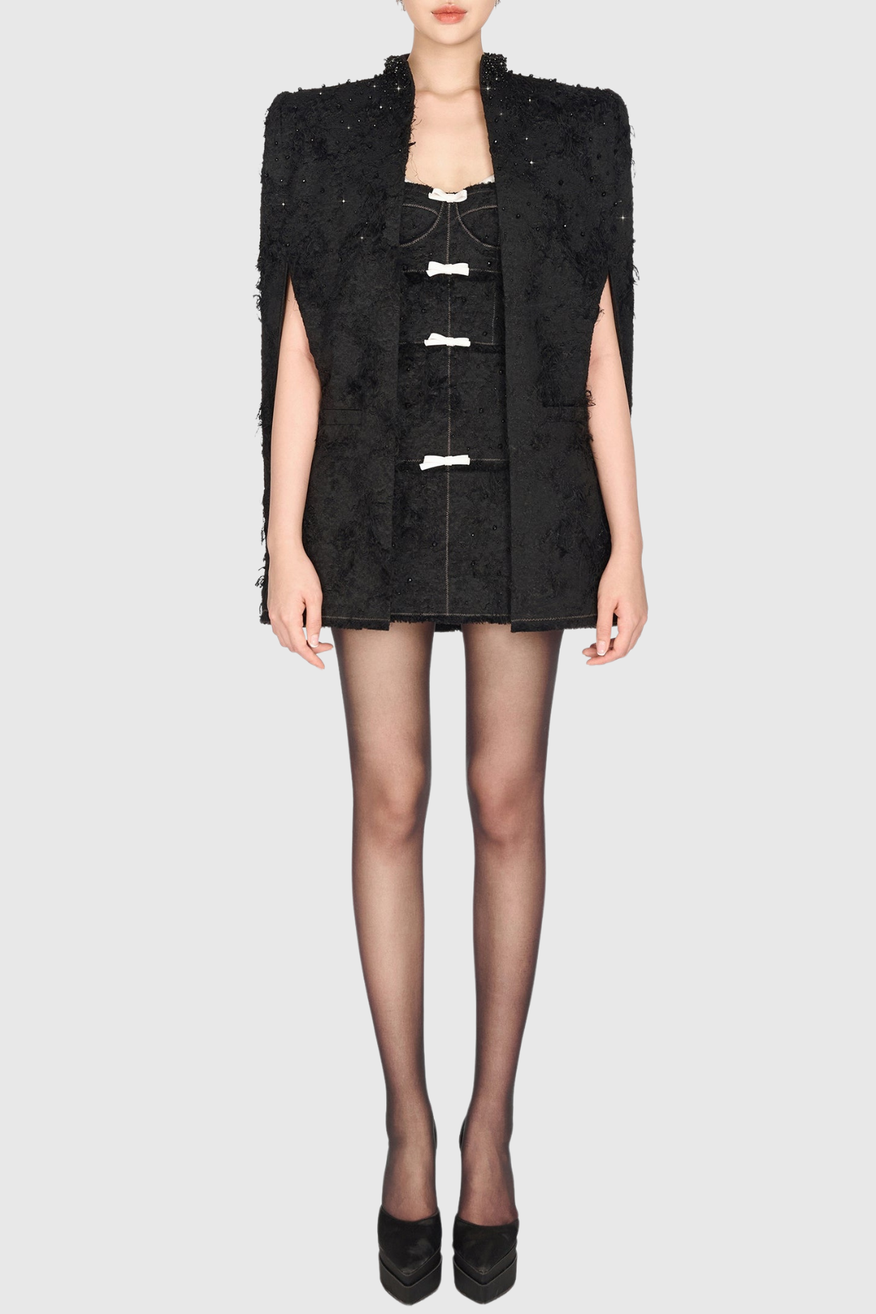 Santos Bow Jacquard Beaded Mini Dress - Black
