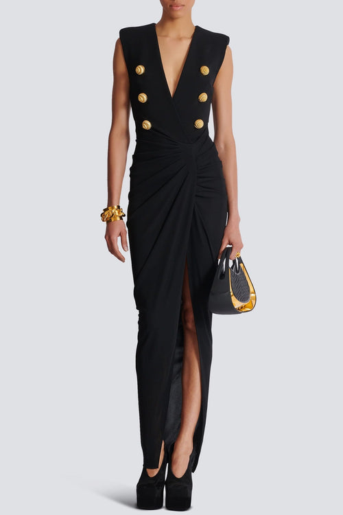 Sedzi Deep-V Sleeveless Ruched Slit Maxi Dress