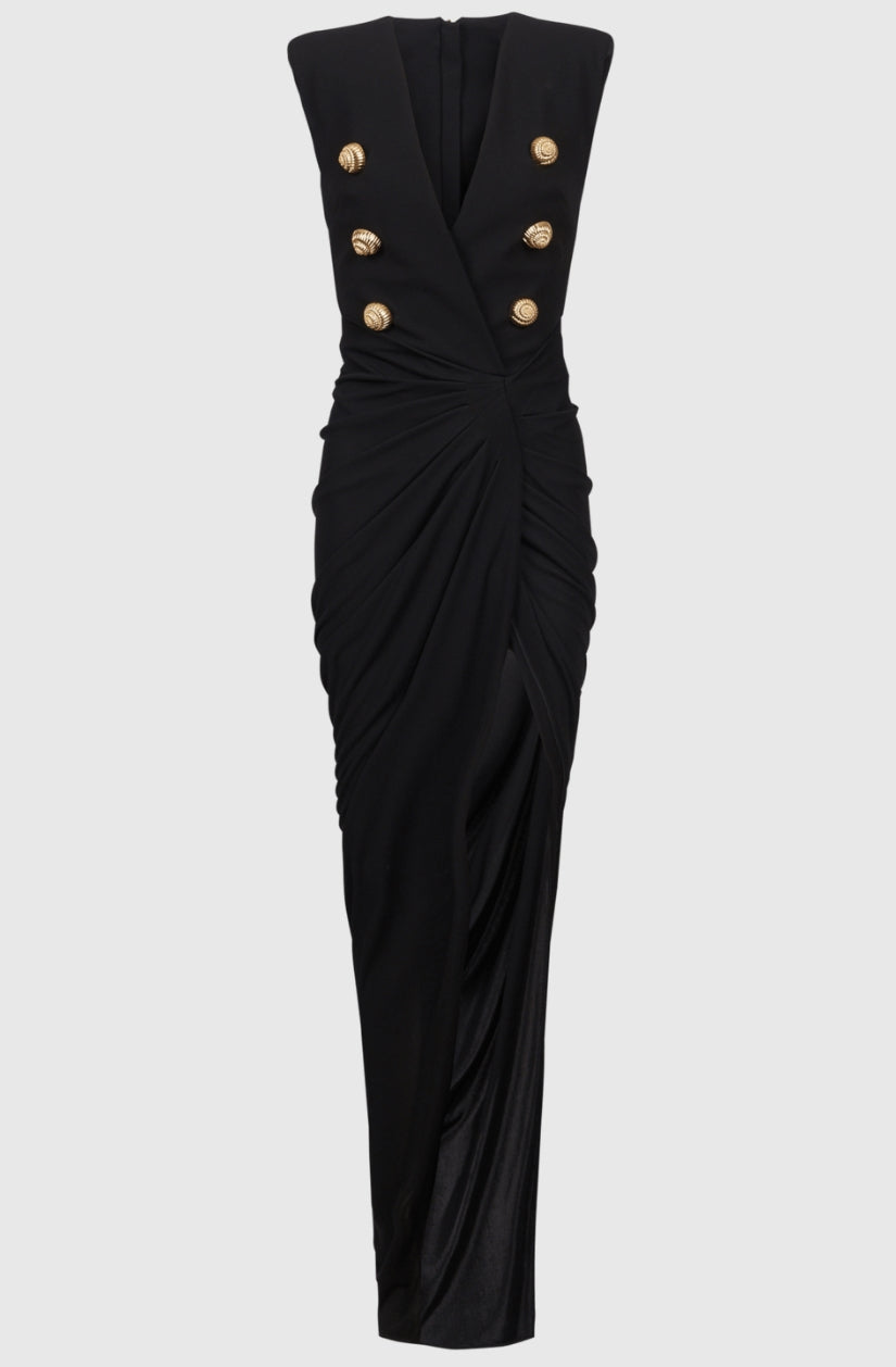 Sedzi Deep-V Sleeveless Ruched Slit Maxi Dress