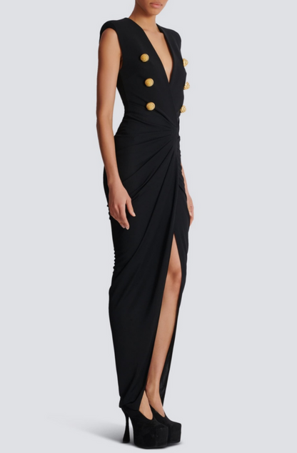 Sedzi Deep-V Sleeveless Ruched Slit Maxi Dress