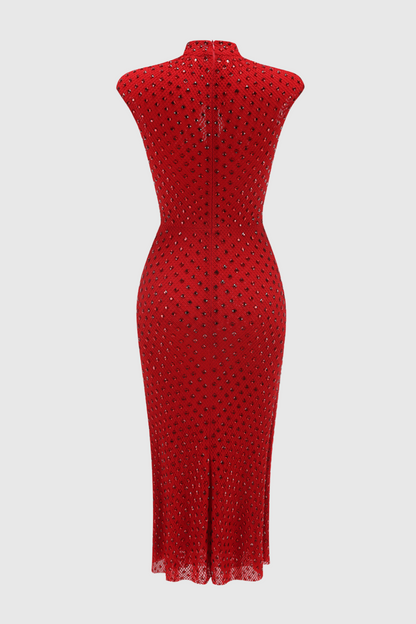 Sharrie Flower Rhinestone Embellished Fishnet Midi Dress