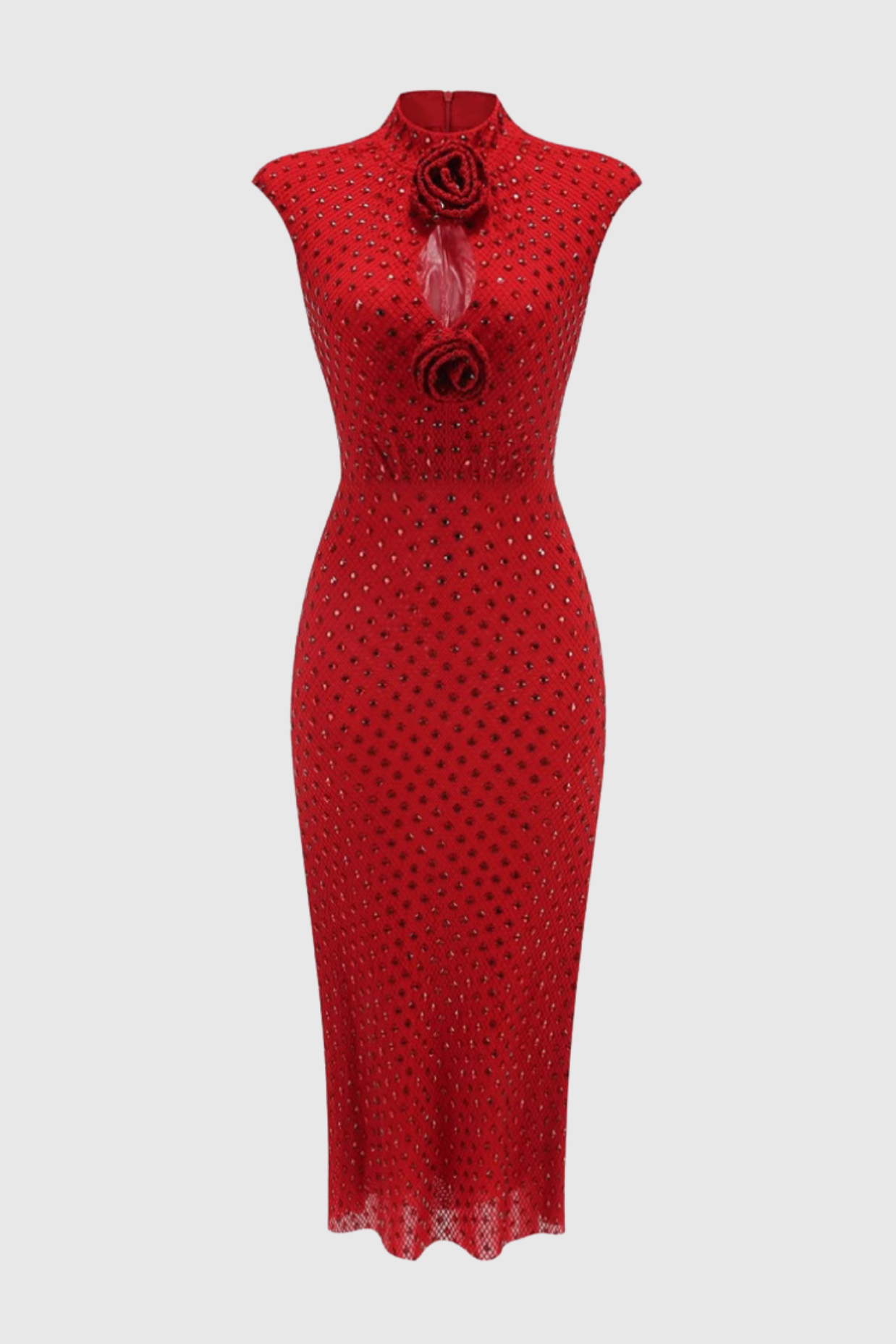 Sharrie Flower Rhinestone Embellished Fishnet Midi Dress