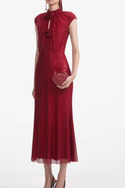 Sharrie Flower Rhinestone Embellished Fishnet Midi Dress