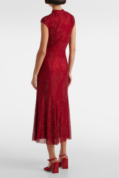 Sharrie Flower Rhinestone Embellished Fishnet Midi Dress