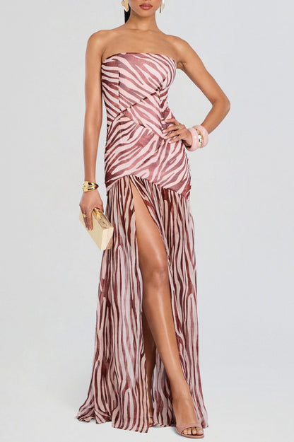 Shmaka Zebra Print Strapless Slit Maxi Dress