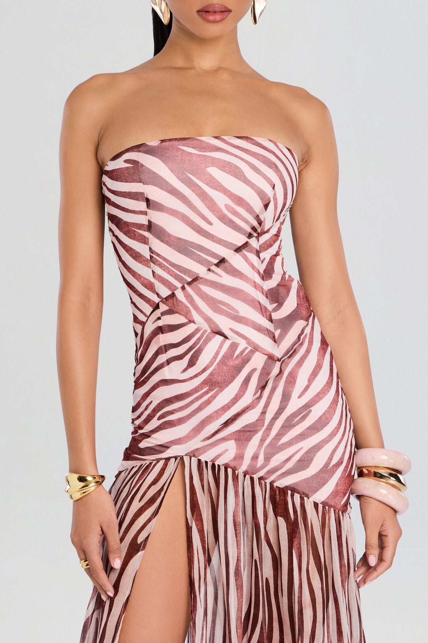 Shmaka Zebra Print Strapless Slit Maxi Dress