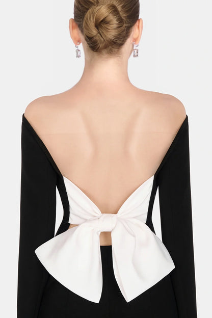 Soni Off Shoulder Bow Embeliished Backless Mini Dress