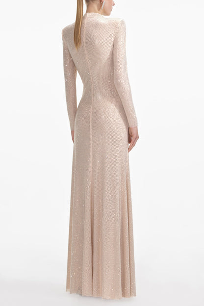 Tapac Rhinestone Cutout Mesh Maxi Dress - Apricot