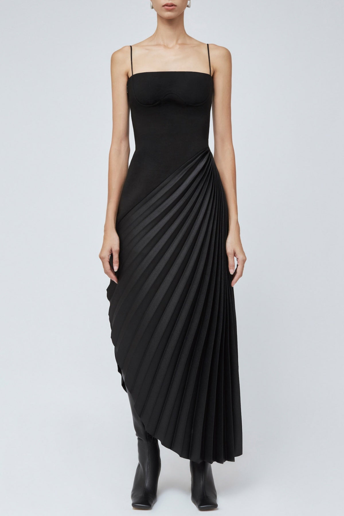 Taron Spaghetti Strap Asymmetric Pleat Maxi Dress
