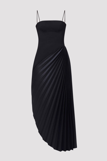 Taron Spaghetti Strap Asymmetric Pleat Maxi Dress