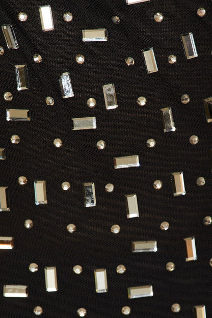 Teryl Rhinestone Embellished Cutout Mesh Maxi Dress